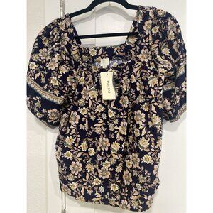 Evereve Top Size Small NWT Puff Sleeve Floral Loose Fit Boho Roan + Ryan Navy